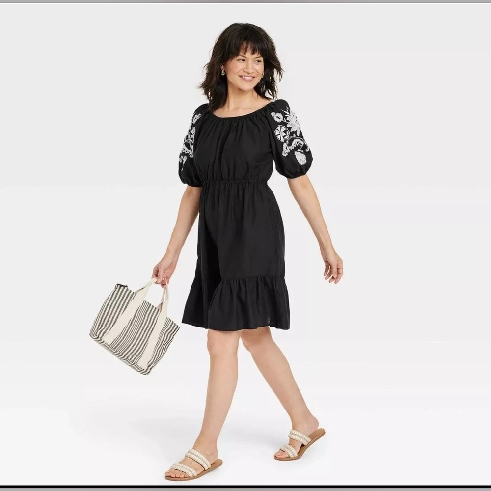 Women's 3/4 Sleeve Embroidered Dress - Knox Rose Black XS NWT